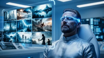 Man Experiences Brainwave Analysis With Futuristic Interface - Powered by Adobe