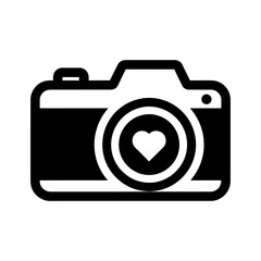 Minimalist Black Camera Icon with Heart Lens Graphic on White