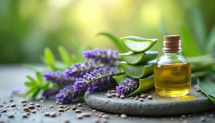 Natural skincare ingredients lavender, aloe vera with golden essential oil in glass bottle. Herbal elements arranged on stone surface with soft focus green bokeh background. Aromatherapy, organic