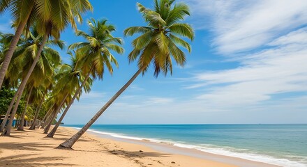 Fototapeta premium Tropical Beach Paradise with Leaning Palm Trees and Turquoise Ocean Under a Blue Sky.