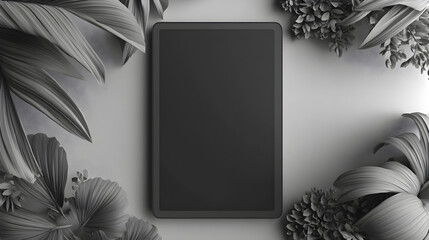 Modern tablet mockup surrounded by lush tropical foliage, perfect for showcasing digital designs and app interfaces with organic elegance