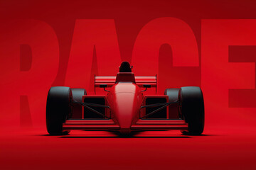 Front View Red Formula Race Car on Red Background against "RACE" Wordmark.