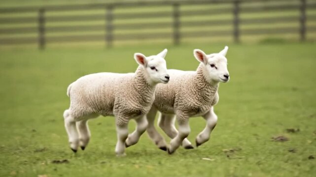 Two lambs leap across a green field in front of a wooden fence