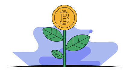 Conceptual illustration of a bitcoin cryptocurrency coin growing like a plant with green leaves symbolizing financial growth and investment success