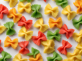 Vibrant farfalle pasta scattered in playful arrangement, perfect for culinary inspiration and food design projects.