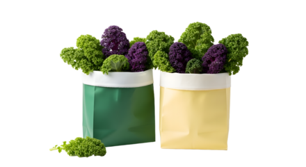 Two bags of fresh green and purple broccoli isolated on white background, healthy vegetable food concept