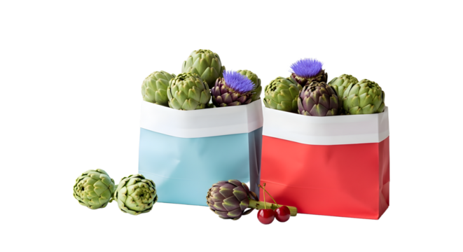 Fresh artichokes and thistle flowers in stylish reusable shopping bags, isolated on white background, perfect for organic markets and eco-friendly shopping