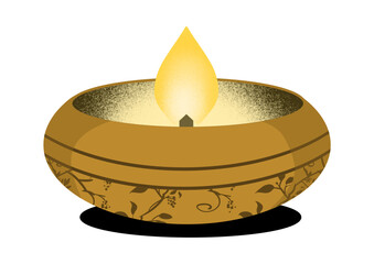 Golden diya lamp with flame isolated on transparent background