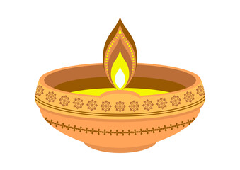 Traditional clay diya lamp with flame isolated on transparent background