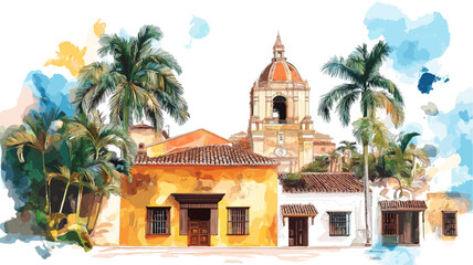 Fototapeta premium Cartagena Old Town. Cartagena Old Town hand drawn watercolor illustration