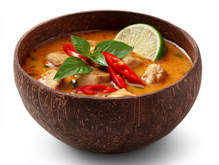 Spicy coconut curry served in a rustic bowl with fresh lime and chili garnish