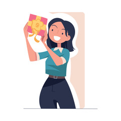 Woman with Gift Box Wrapped with Ribbon Vector Illustration