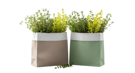 Two decorative plants in stylish paper bags with green and yellow foliage isolated on white background, perfect for home and office decor