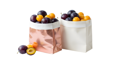 Two paper bags filled with fresh purple plums and yellow mirabelle plums, isolated on white background, perfect for healthy food or grocery themes