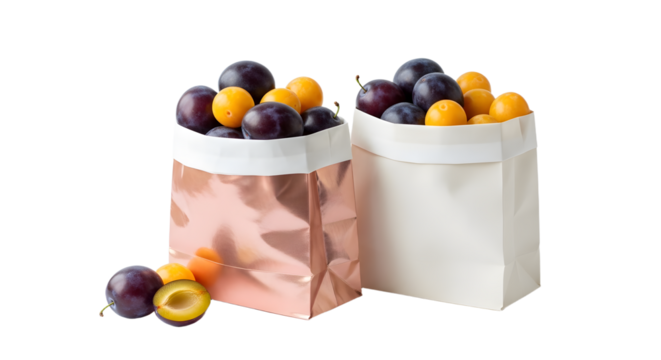 Two paper bags filled with fresh purple plums and yellow mirabelle plums, isolated on white background, perfect for healthy food or grocery themes