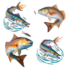 Vibrant aquatic life four colorful fish swimming in dynamic water motion  vector design