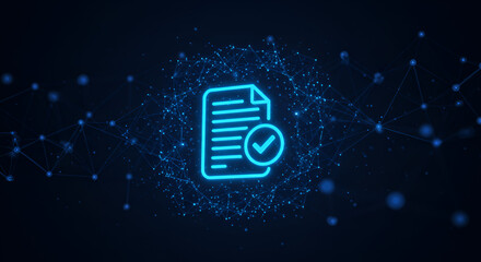 Digital document verification and approval process represented by glowing neon icon with network background for secure online systems