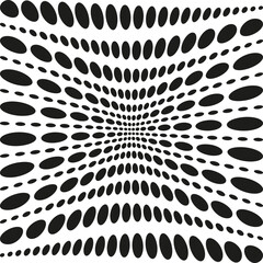 Dot perspective pattern. Concentric oval shapes. Optical sphere illusion. Vector halftone background.
