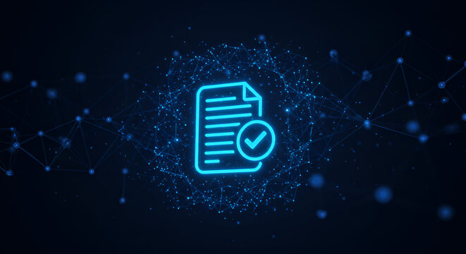 Digital document verification and approval process represented by glowing neon icon with network background for secure online systems