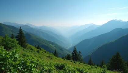 Obraz premium Layers of hazy blue mountains recede into distance under clear sky. Green forested slopes and grassy foreground show wilderness. A river snakes through valley below. Perfect for travel ads.
