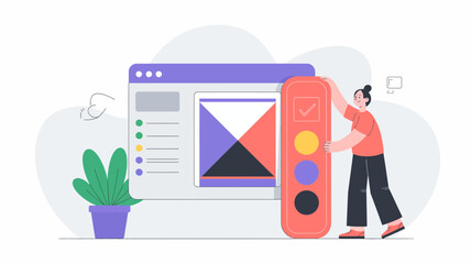 Creative designer adjusting a colorful abstract design element on a digital interface with a plant nearby