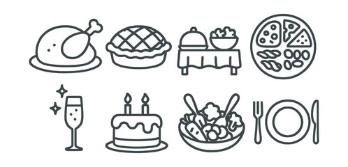 Series of food items and utensils are shown in a black and white style