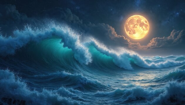 Dramatic ocean waves crash under a bright full moon and starry night sky. Bioluminescent glow illuminates water surface. Dark clouds drift above a vast blue sea.