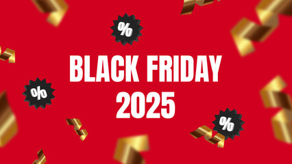 Black Friday 2025 Discounts Banner on Red Background with Golden Confetti