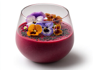 Vibrant berry smoothie topped with edible flowers and seeds in a clear glass