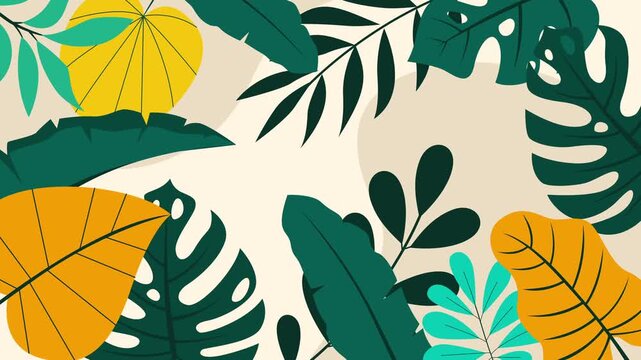 Minimal tropical leaves animation with bold yellow and teal foliage on beige background, perfect for summer, nature, or relaxation themed projects.