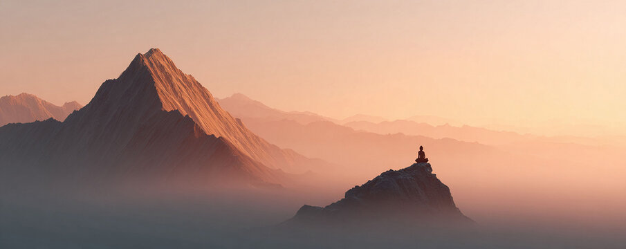 Meditative scene of a figure in lotus position atop a mountain, shrouded in mist. Peaceful sunrise hues evoke zen, mindfulness, and spiritual awakening.
