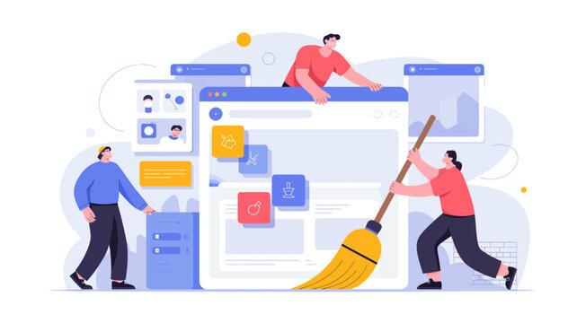 Team of people cleaning and organizing digital interface elements and website content for better user experience