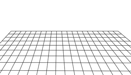 Obraz premium Perspective grid floor wireframe in black lines for 3D background, digital design, and futuristic abstract layout on transparent background