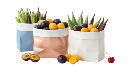 Colorful fresh plums and apricots in three reusable bags on a white background, perfect for healthy grocery shopping and fruit storage