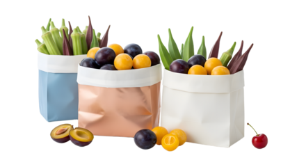 Colorful fresh plums and apricots in three reusable bags on a white background, perfect for healthy grocery shopping and fruit storage
