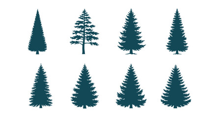 Obraz premium A set of diverse evergreen tree silhouettes in dark teal, featuring a range of pine and spruce designs suitable for seasonal and nature-themed graphics.