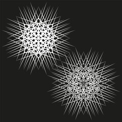 Fototapeta premium Abstract radial stars. Geometric spiky burst. White shape Vector. Dark background elements.