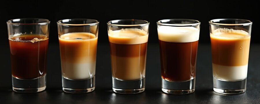 Five glasses show layered coffee beverages. Each cup has distinctive layers of coffee. Dark background. Beverages are similar to espresso cappuccino latte and black java in shot glasses.