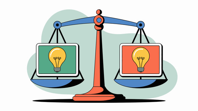 Conceptual illustration of a balance scale weighing two light bulbs symbolizing different ideas or solutions on contrasting backgrounds