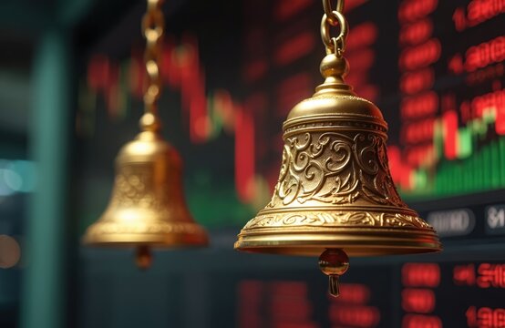 Two golden bells hang before stock exchange market indicators. Ornate bells symbolize financial announcements. Red, green graphs reflect trading, global business trends, price fluctuations.