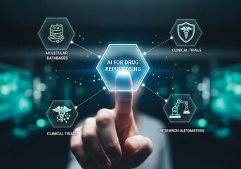 Ai for drug repurposing concept man touching digital interface with icons representing clinical trials, research automation, new drug exchanges, and drug repurposing