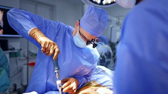 Uniformed male Caucasian neurosurgeon uses a screw driver tool at operation. Doctor puts efforts to apply the instrument.