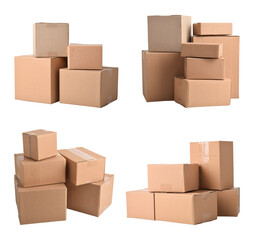 Set with different cardboard boxes on white background