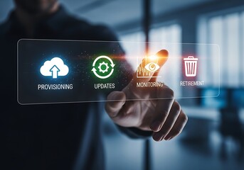 Cloud provisioning, updates, monitoring, and recycling concept man touching digital interface with icons representing cloud services, updates, system monitoring, and data recycling