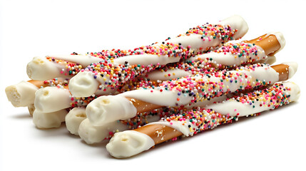 Sweet and crunchy pretzel sticks dipped in white chocolate and colorful sprinkles