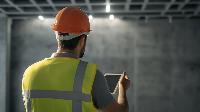 An inspector oversees progress on a construction site while using a tablet to review plans and ensure project milestones are met effectively. Safety first on the site.