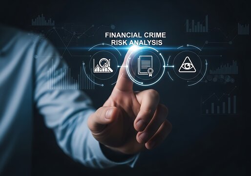 A person touching a digital screen displaying financial crime risk analysis icons, representing the process of identifying and mitigating financial risks in business operations - Powered by Adobe