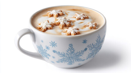 Cozy winter latte topped with delicate snowflake cookies and dusted with powdered sugar.