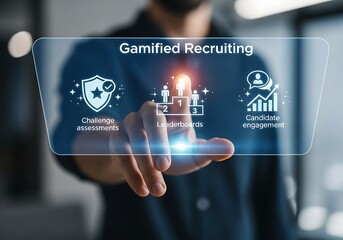 A person touching a digital screen displaying gamified recruiting icons, representing the use of game mechanics to attract and engage potential candidates