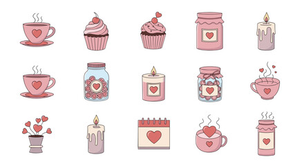A delightful set of pink Valentine's Day themed illustrations including teacups, cupcakes, heart jars, candles, and a romantic calendar.